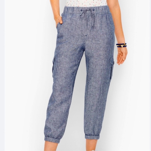 Talbots Linen Cargo Joggers MP Chambray Blue Pockets Pull On Lightweight Beach - Picture 13 of 13